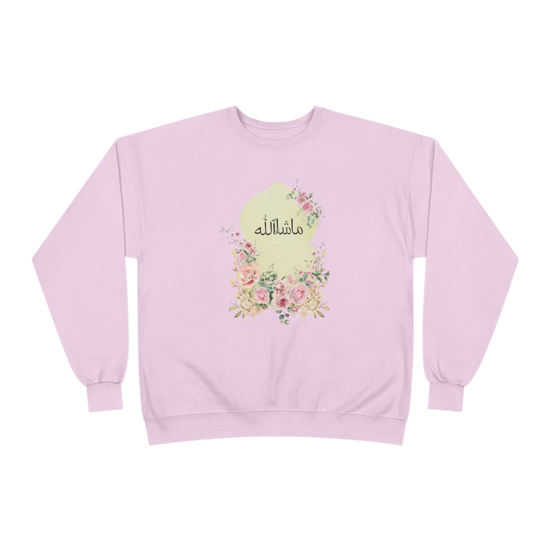 Eco-Friendly Damask Rose Arabic Calligraphy Crewneck Pullover Sweatshirt - Masha Allah (Praise)