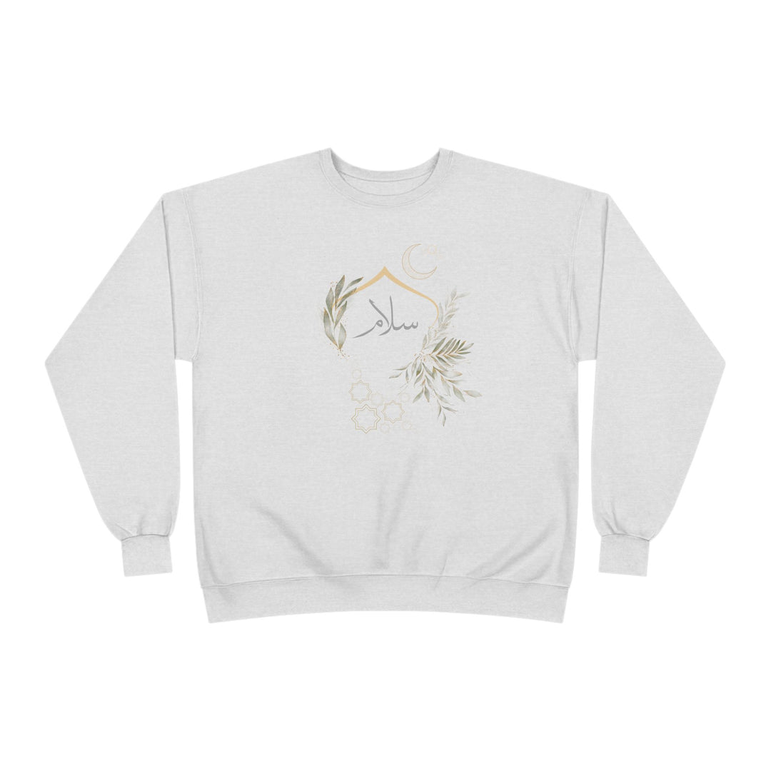 Eco-Friendly Olive and Crescent Arabic Calligraphy Crewneck Pullover Sweatshirt - Salam (Peace)