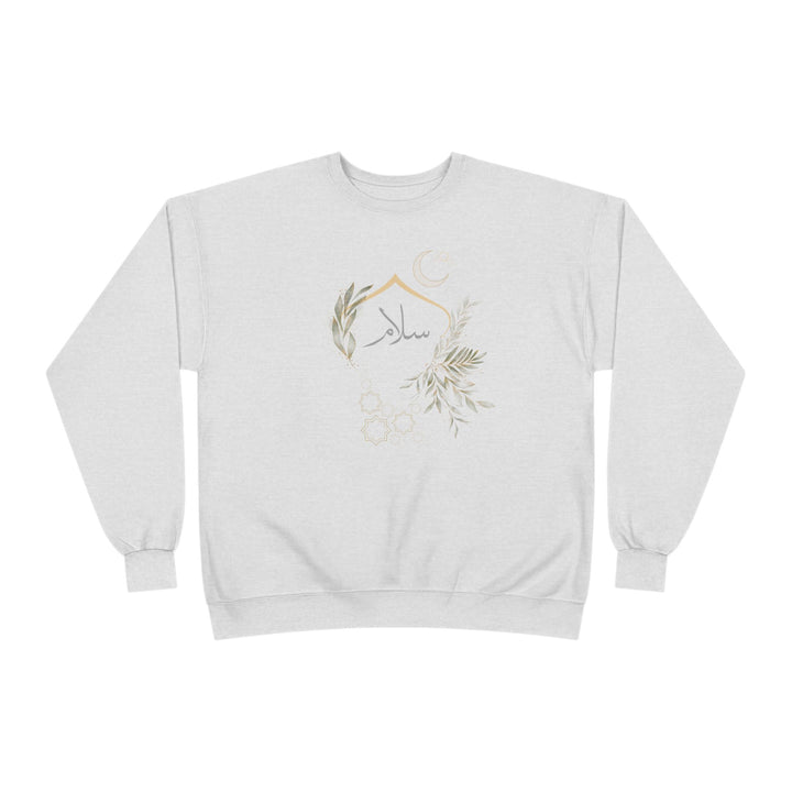 Eco-Friendly Olive and Crescent Arabic Calligraphy Crewneck Pullover Sweatshirt - Salam (Peace)