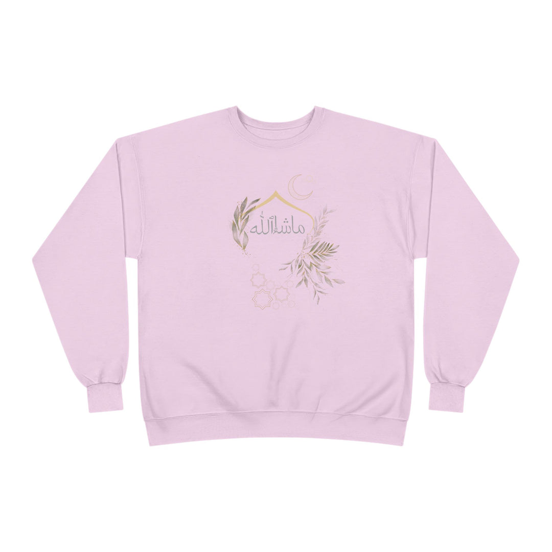 Eco-Friendly Olive and Crescent Arabic Calligraphy Crewneck Pullover Sweatshirt - Masha  Allah (Praise)