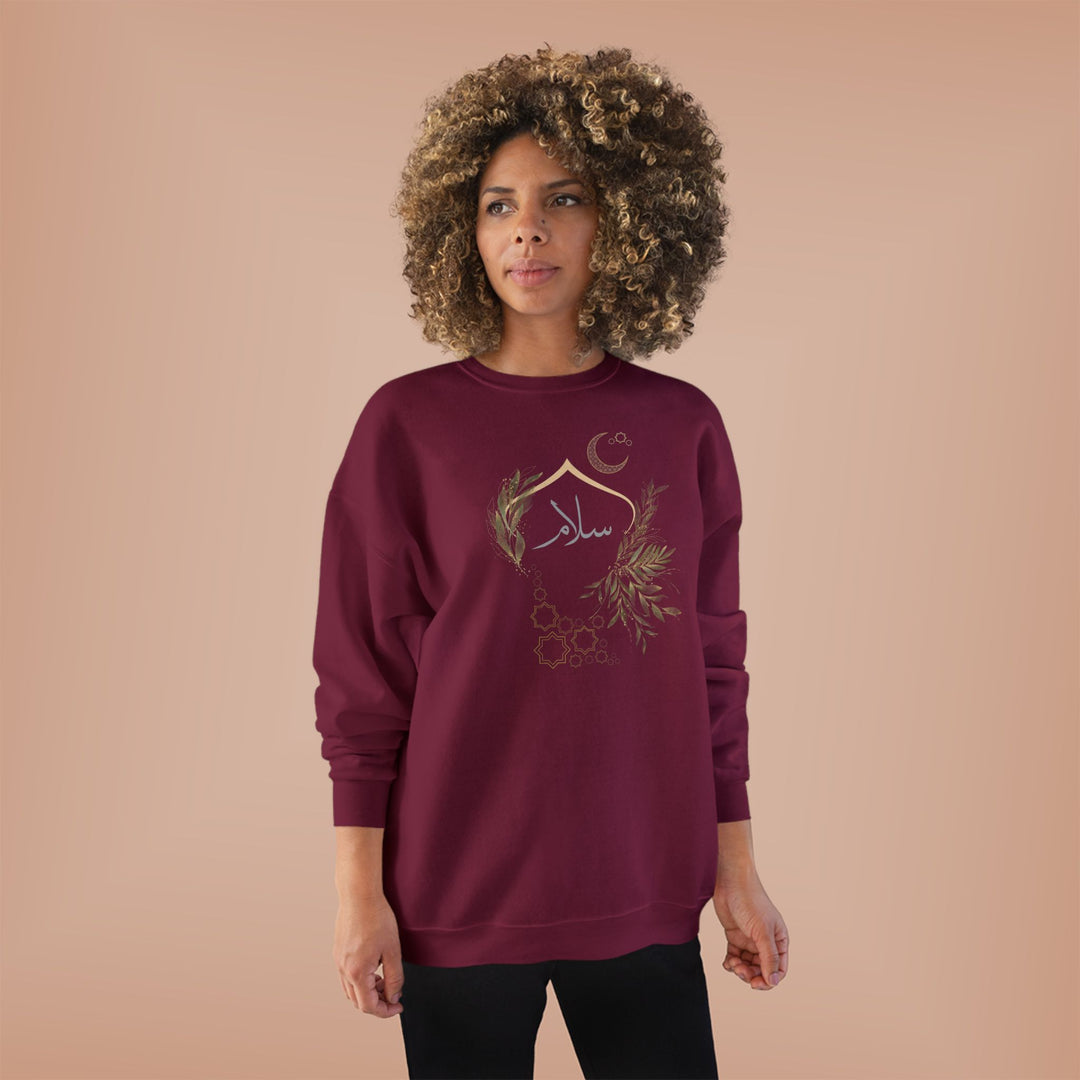 Eco-Friendly Olive and Crescent Arabic Calligraphy Crewneck Pullover Sweatshirt - Salam (Peace)