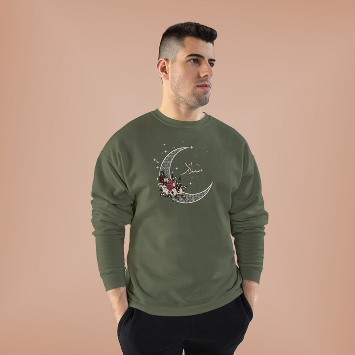 Eco-Friendly Antique Rose Arabic Calligraphy Crewneck Pullover Sweatshirt - Salam (Peace)