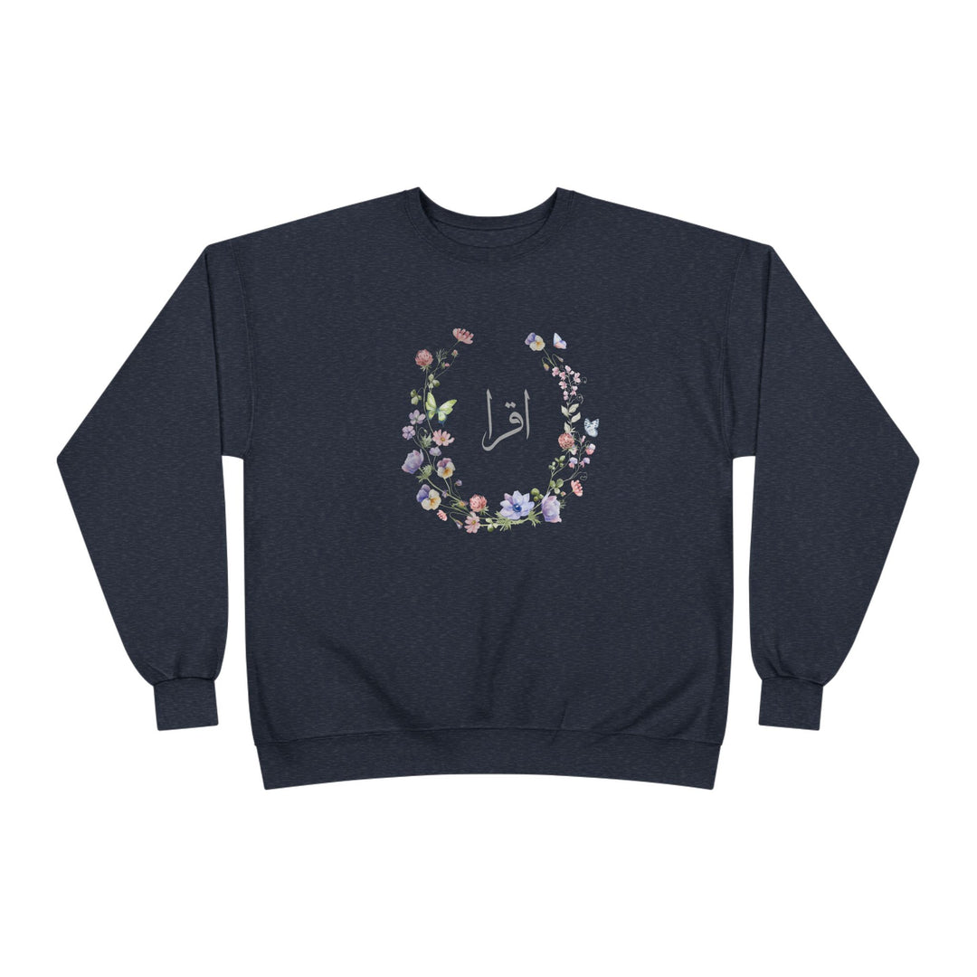 Eco-Friendly Wildflowers Arabic Calligraphy Crewneck Pullover Sweatshirt - Iqra (Read)