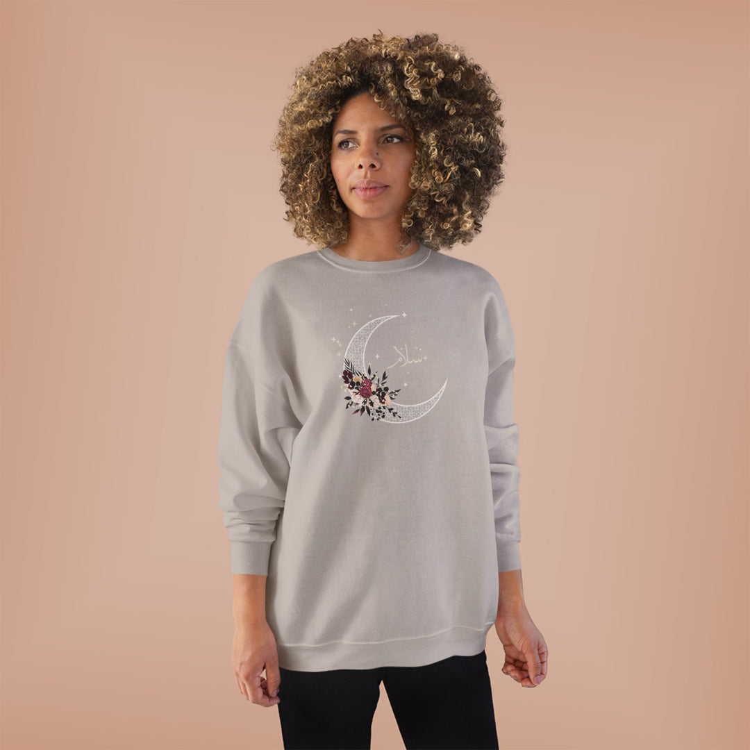 Eco-Friendly Antique Rose Arabic Calligraphy Crewneck Pullover Sweatshirt - Salam (Peace)