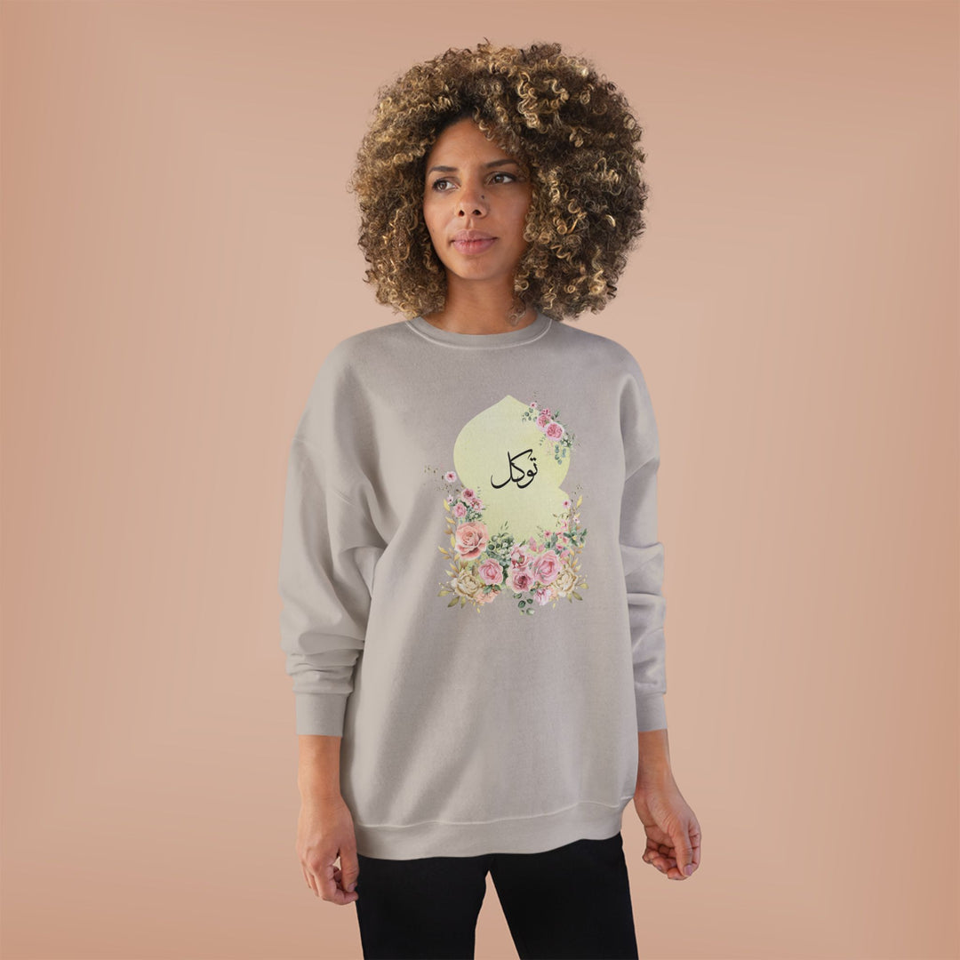 Eco-Friendly Damask Rose Arabic Calligraphy Crewneck Pullover Sweatshirt - Tawakkal (Trust)