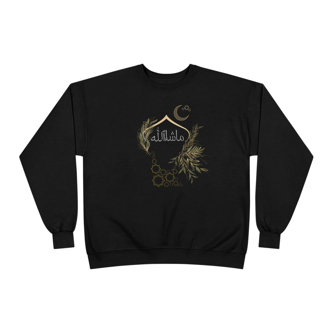 Eco-Friendly Olive and Crescent Arabic Calligraphy Crewneck Pullover Sweatshirt - Masha  Allah (Praise)