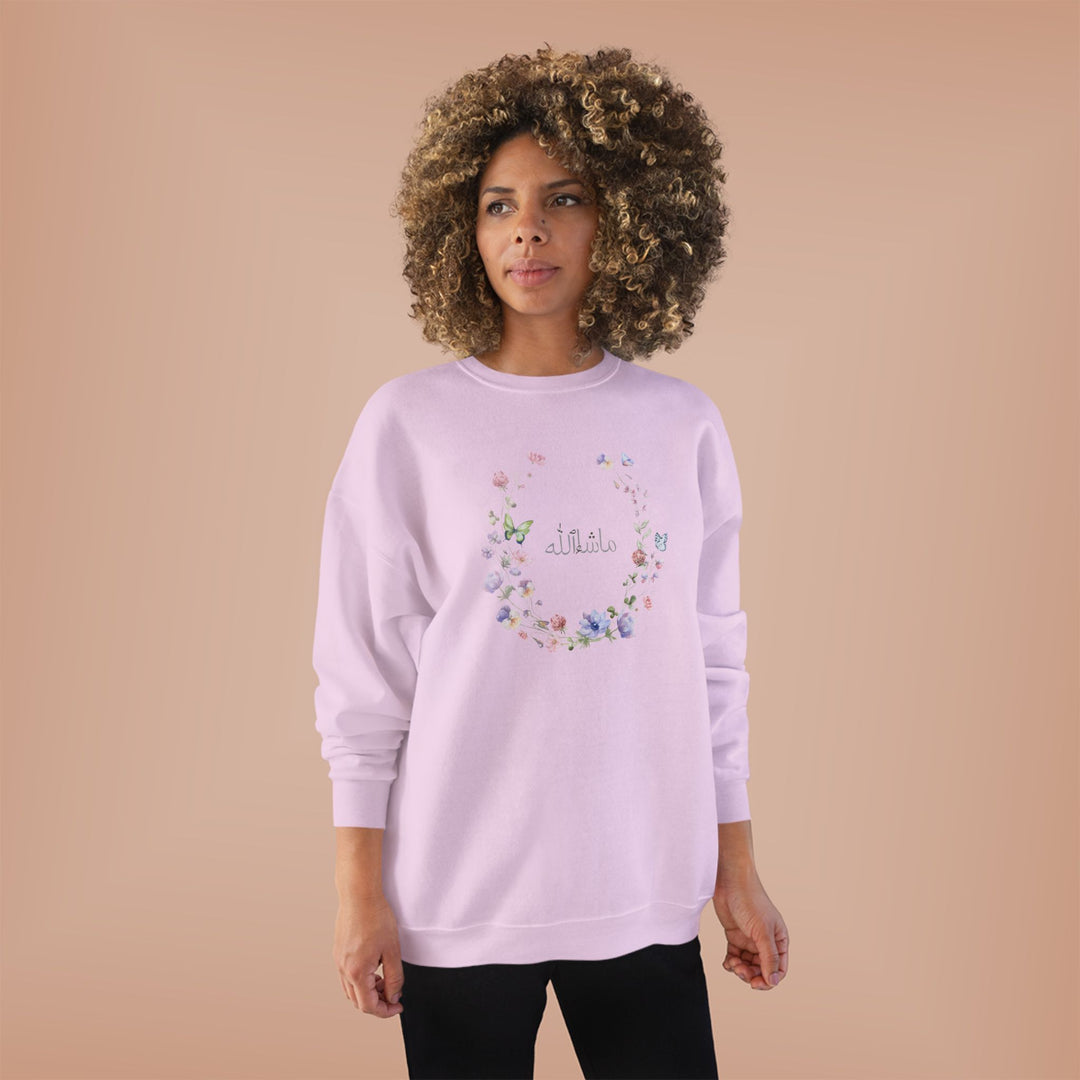 Eco-Friendly Wildflowers Arabic Calligraphy Crewneck Pullover Sweatshirt - Masha Allah (Praise)