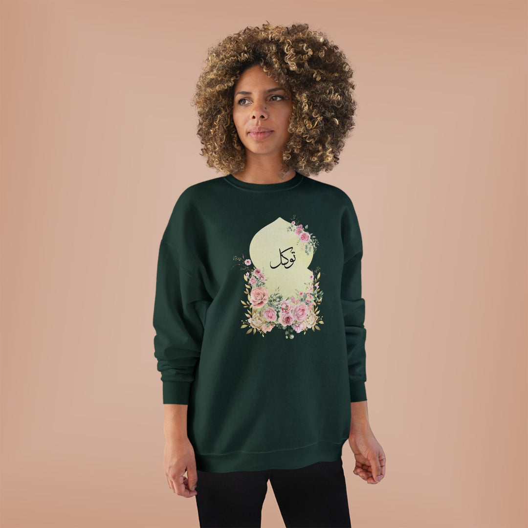 Eco-Friendly Damask Rose Arabic Calligraphy Crewneck Pullover Sweatshirt - Tawakkal (Trust)