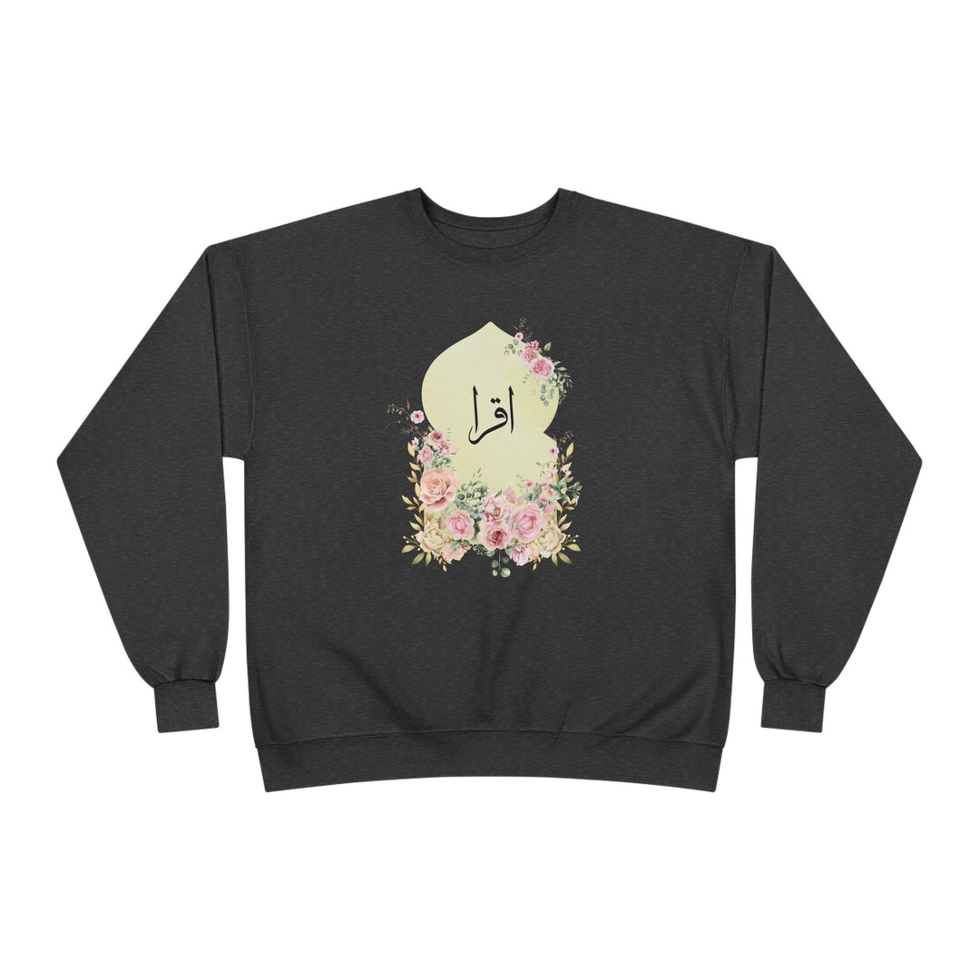 Eco-Friendly Damask Rose Arabic Calligraphy Crewneck Pullover Sweatshirt - Iqra (Read)