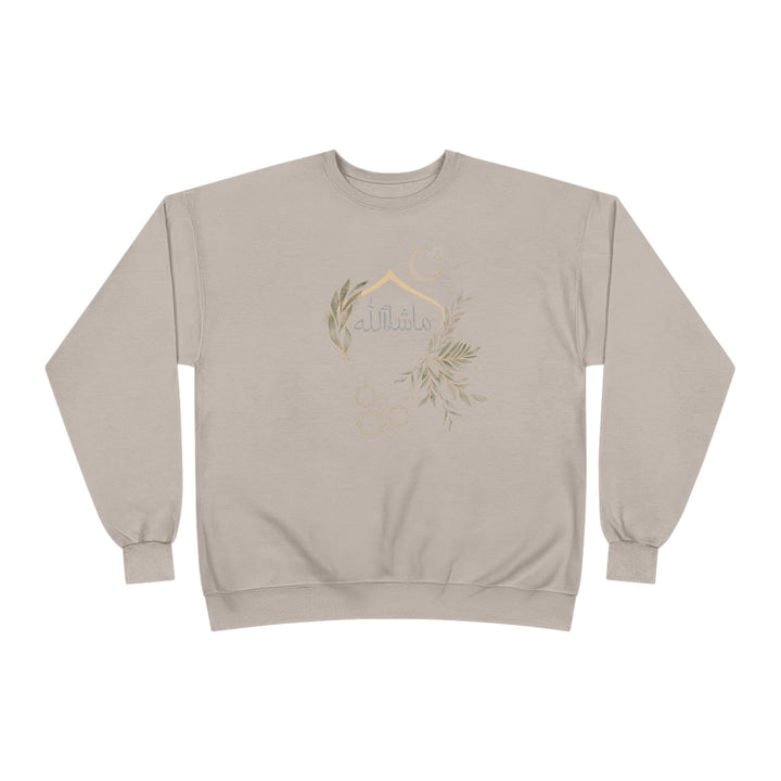 Eco-Friendly Olive and Crescent Arabic Calligraphy Crewneck Pullover Sweatshirt - Masha  Allah (Praise)