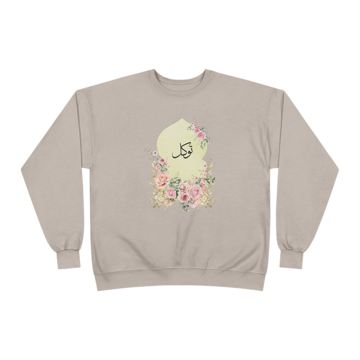 Eco-Friendly Damask Rose Arabic Calligraphy Crewneck Pullover Sweatshirt - Tawakkal (Trust)