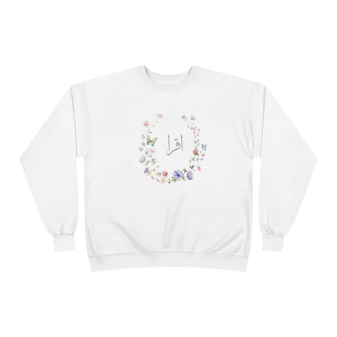 Eco-Friendly Wildflowers Arabic Calligraphy Crewneck Pullover Sweatshirt - Iqra (Read)