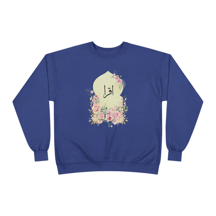 Eco-Friendly Damask Rose Arabic Calligraphy Crewneck Pullover Sweatshirt - Iqra (Read)