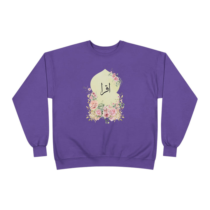 Eco-Friendly Damask Rose Arabic Calligraphy Crewneck Pullover Sweatshirt - Iqra (Read)