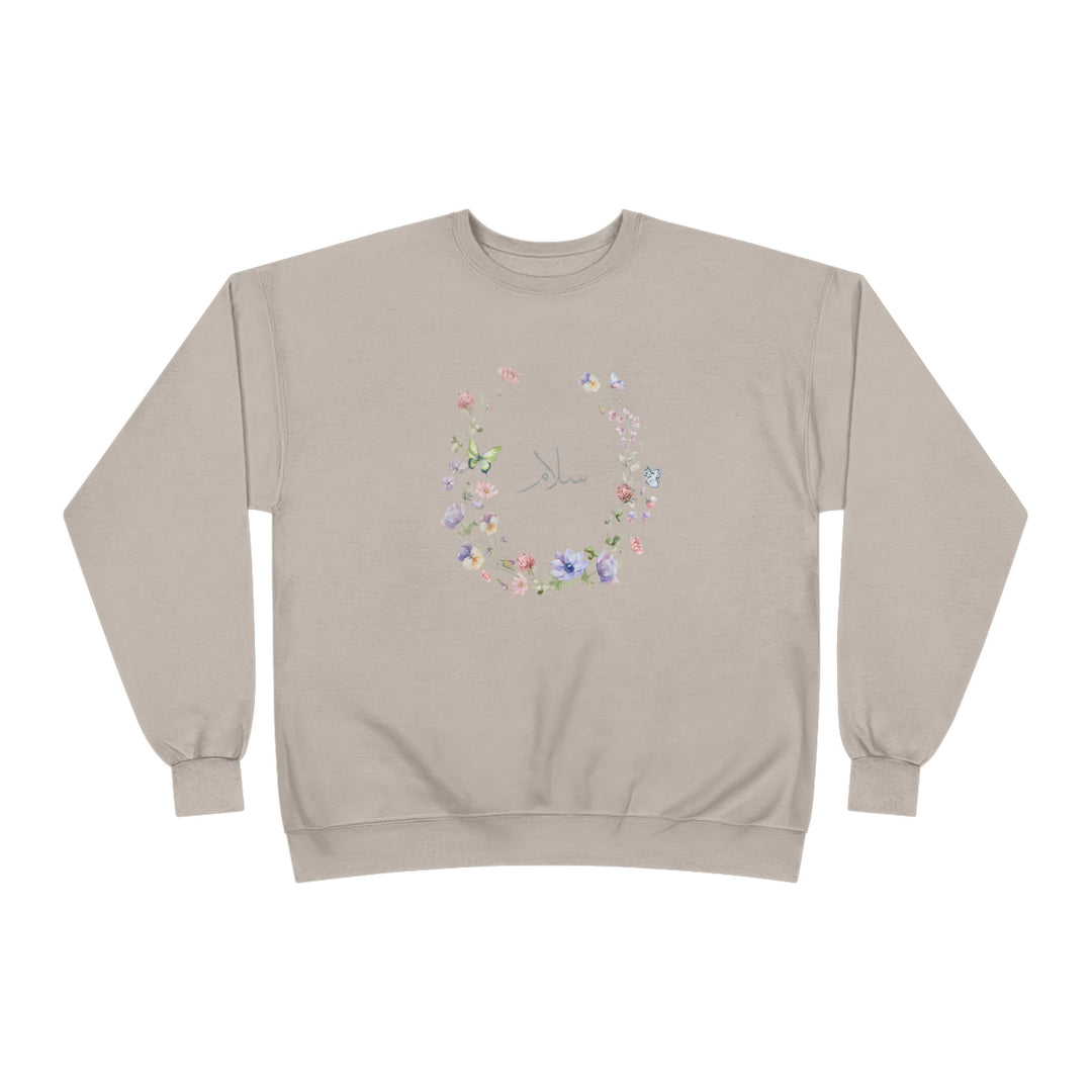 Eco-Friendly Wildflowers Arabic Calligraphy Crewneck Pullover Sweatshirt - Salam (Peace)