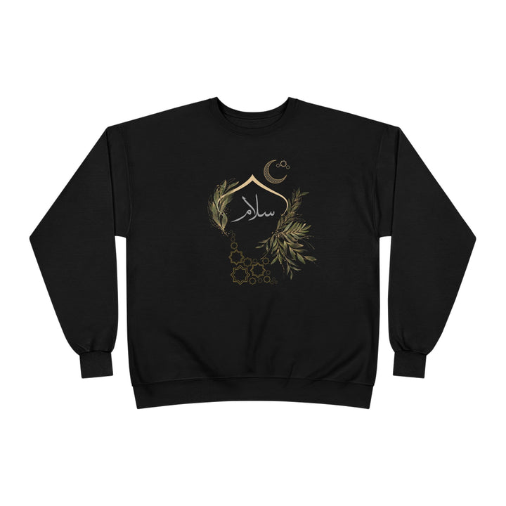 Eco-Friendly Olive and Crescent Arabic Calligraphy Crewneck Pullover Sweatshirt - Salam (Peace)