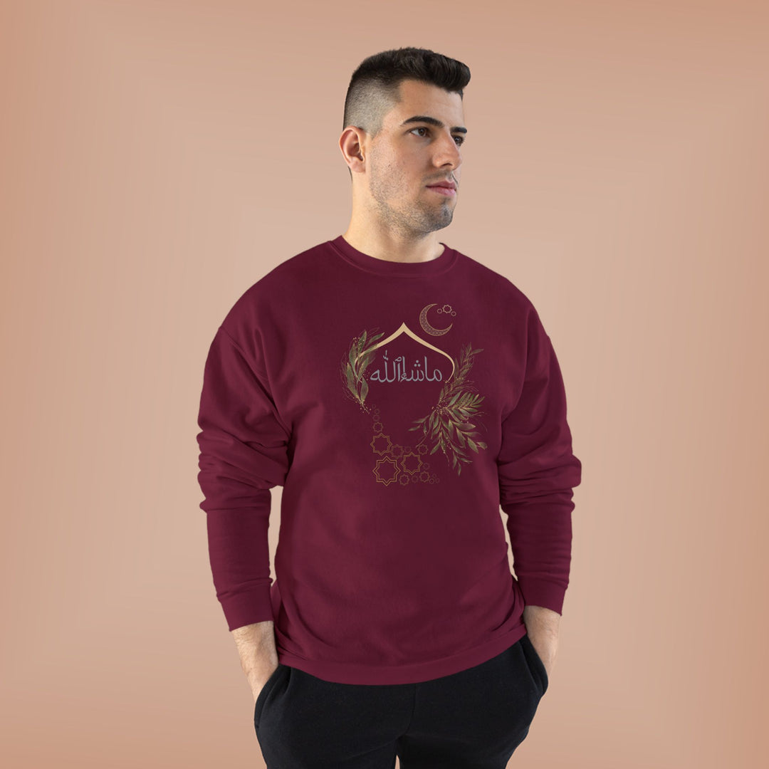 Eco-Friendly Olive and Crescent Arabic Calligraphy Crewneck Pullover Sweatshirt - Masha  Allah (Praise)