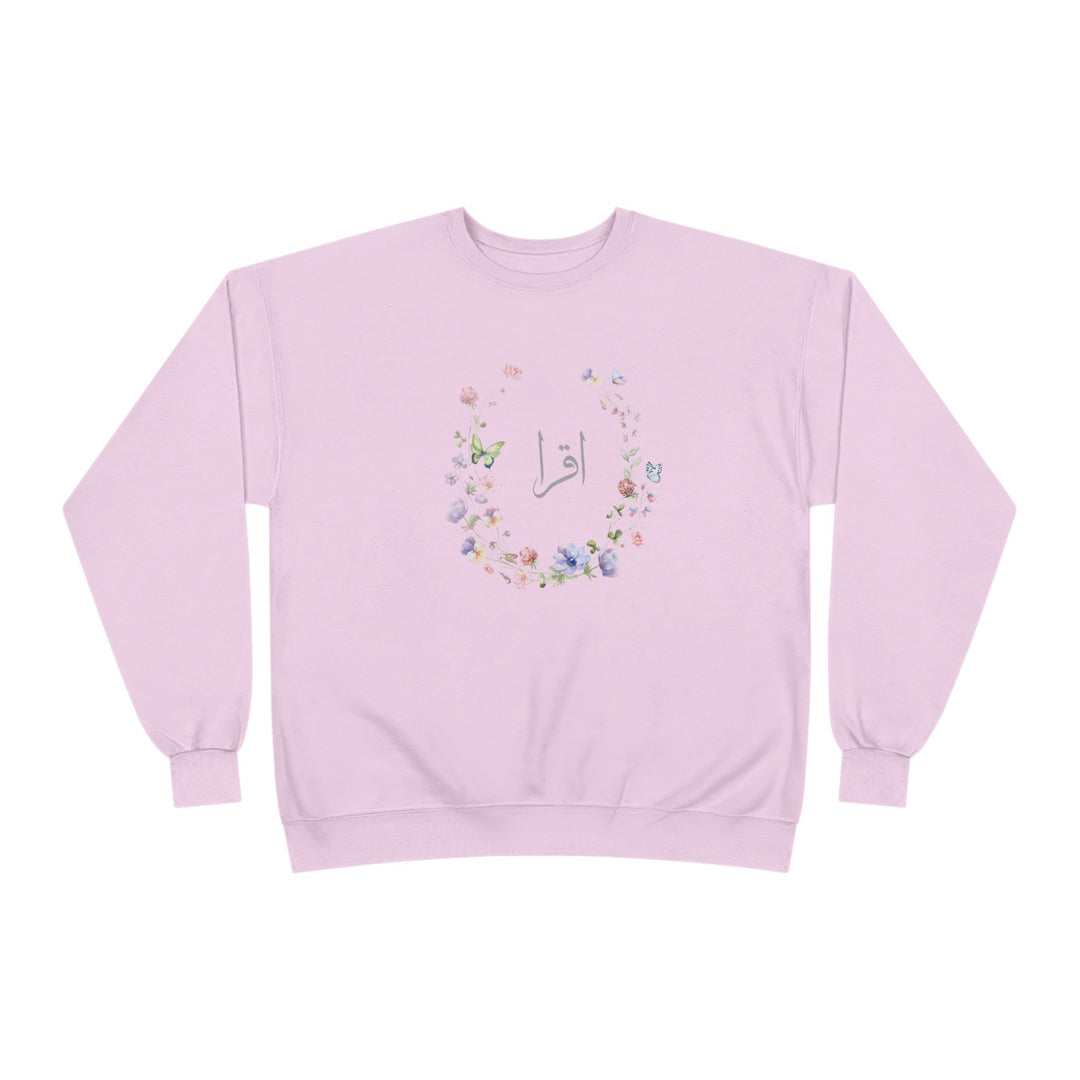 Eco-Friendly Wildflowers Arabic Calligraphy Crewneck Pullover Sweatshirt - Iqra (Read)