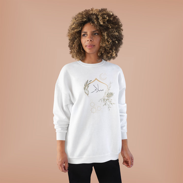 Eco-Friendly Olive and Crescent Arabic Calligraphy Crewneck Pullover Sweatshirt - Salam (Peace)