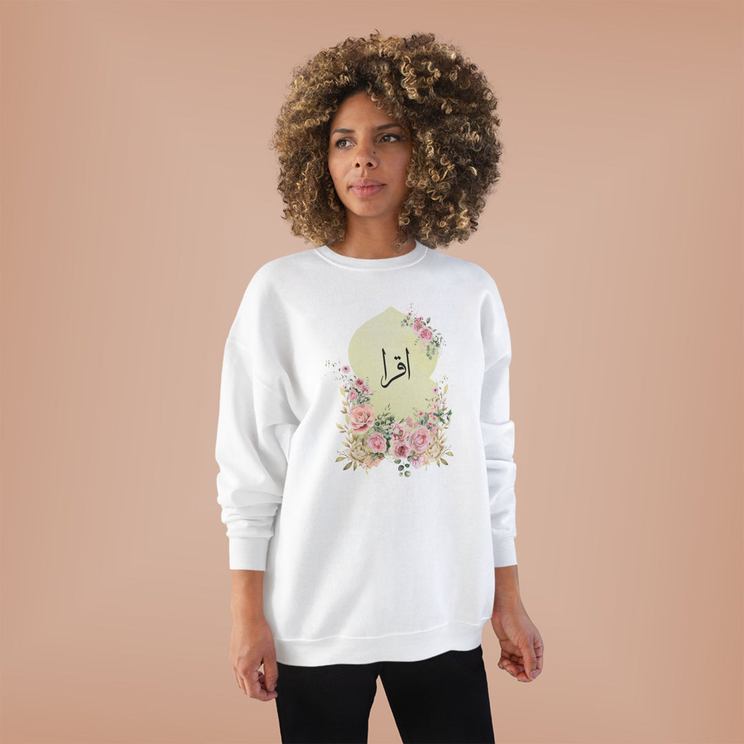 Eco-Friendly Damask Rose Arabic Calligraphy Crewneck Pullover Sweatshirt - Iqra (Read)