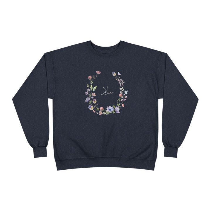 Eco-Friendly Wildflowers Arabic Calligraphy Crewneck Pullover Sweatshirt - Salam (Peace)