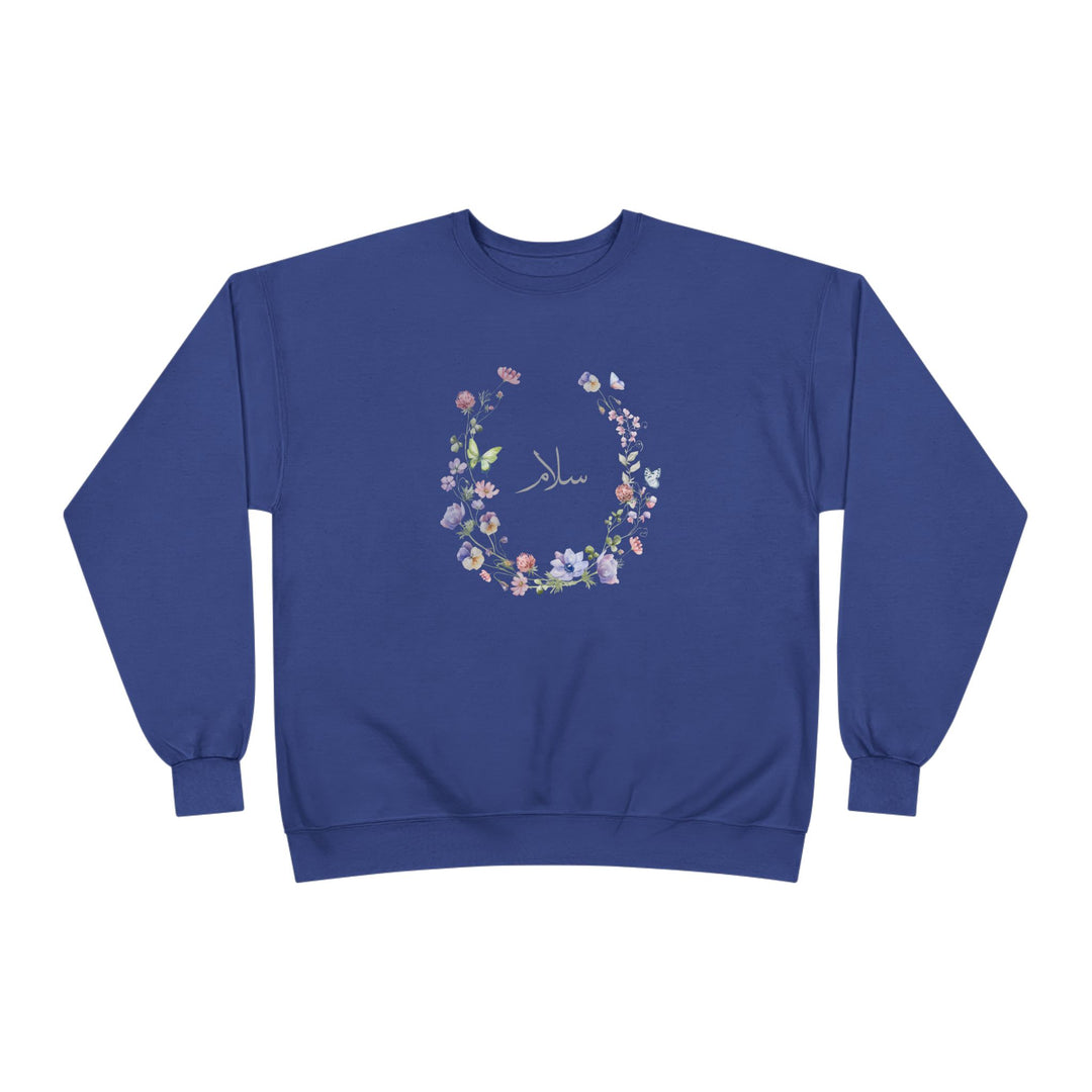 Eco-Friendly Wildflowers Arabic Calligraphy Crewneck Pullover Sweatshirt - Salam (Peace)