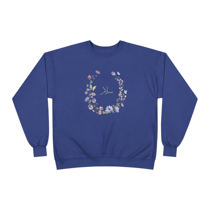 Eco-Friendly Wildflowers Arabic Calligraphy Crewneck Pullover Sweatshirt - Salam (Peace)