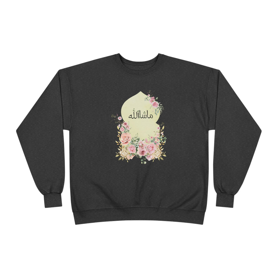 Eco-Friendly Damask Rose Arabic Calligraphy Crewneck Pullover Sweatshirt - Masha Allah (Praise)