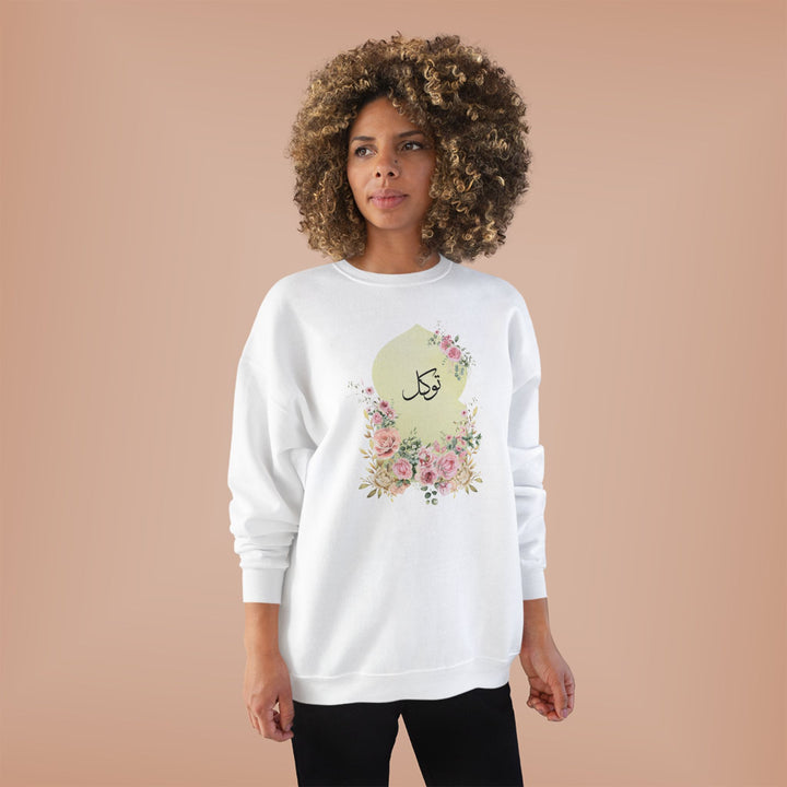 Eco-Friendly Damask Rose Arabic Calligraphy Crewneck Pullover Sweatshirt - Tawakkal (Trust)