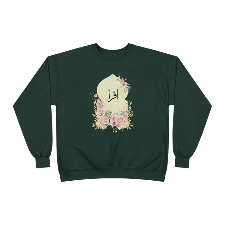 Eco-Friendly Damask Rose Arabic Calligraphy Crewneck Pullover Sweatshirt - Iqra (Read)