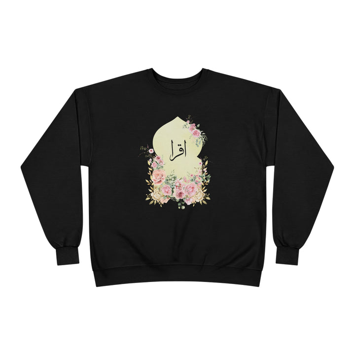 Eco-Friendly Damask Rose Arabic Calligraphy Crewneck Pullover Sweatshirt - Iqra (Read)