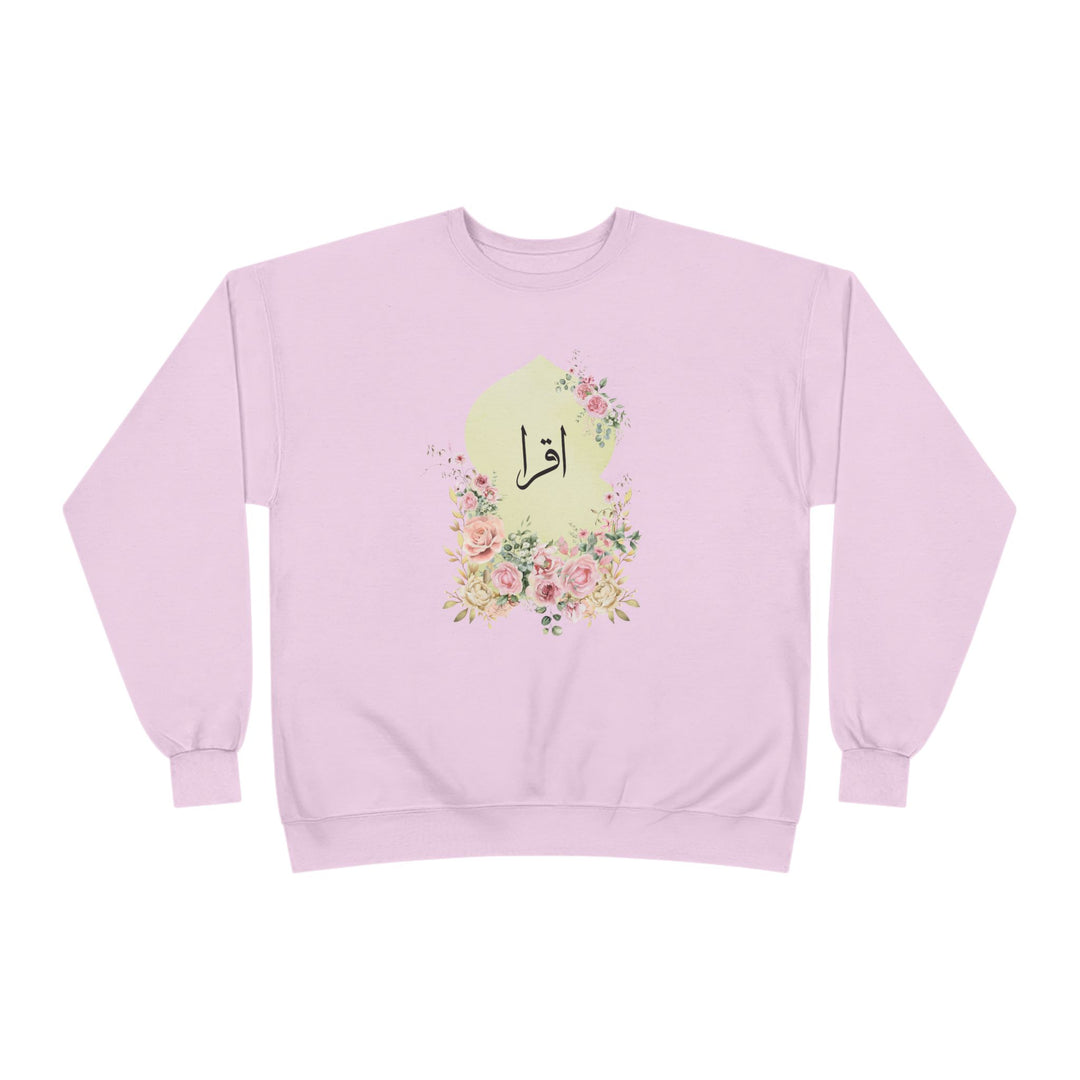 Eco-Friendly Damask Rose Arabic Calligraphy Crewneck Pullover Sweatshirt - Iqra (Read)