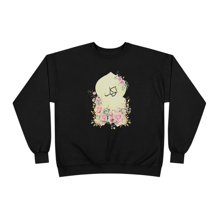 Eco-Friendly Damask Rose Arabic Calligraphy Crewneck Pullover Sweatshirt - Tawakkal (Trust)