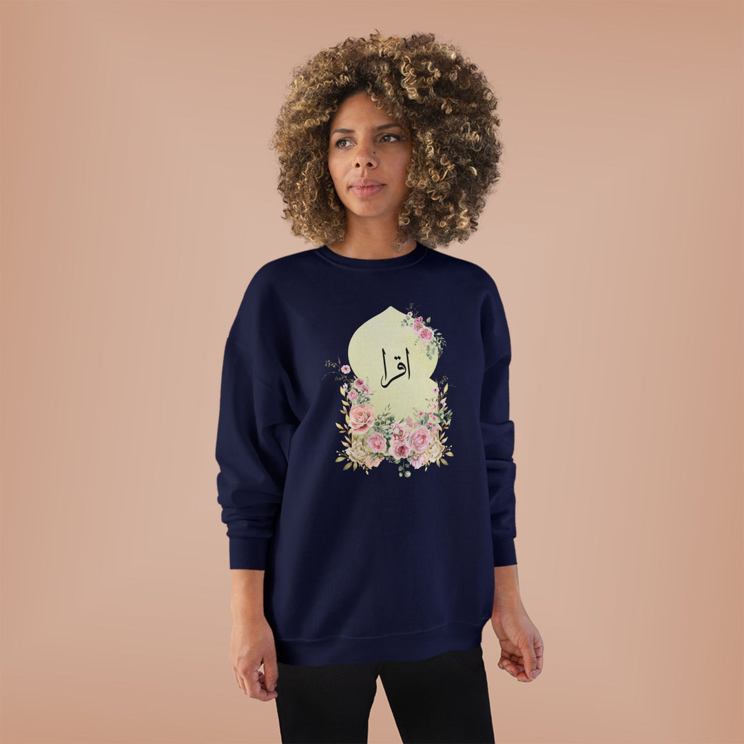 Eco-Friendly Damask Rose Arabic Calligraphy Crewneck Pullover Sweatshirt - Iqra (Read)