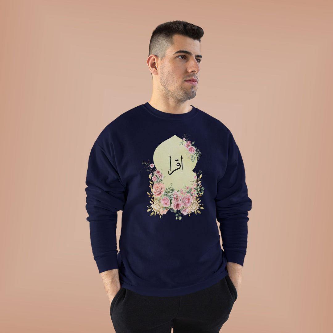 Eco-Friendly Damask Rose Arabic Calligraphy Crewneck Pullover Sweatshirt - Iqra (Read)