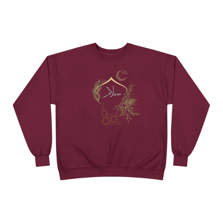 Eco-Friendly Olive and Crescent Arabic Calligraphy Crewneck Pullover Sweatshirt - Salam (Peace)