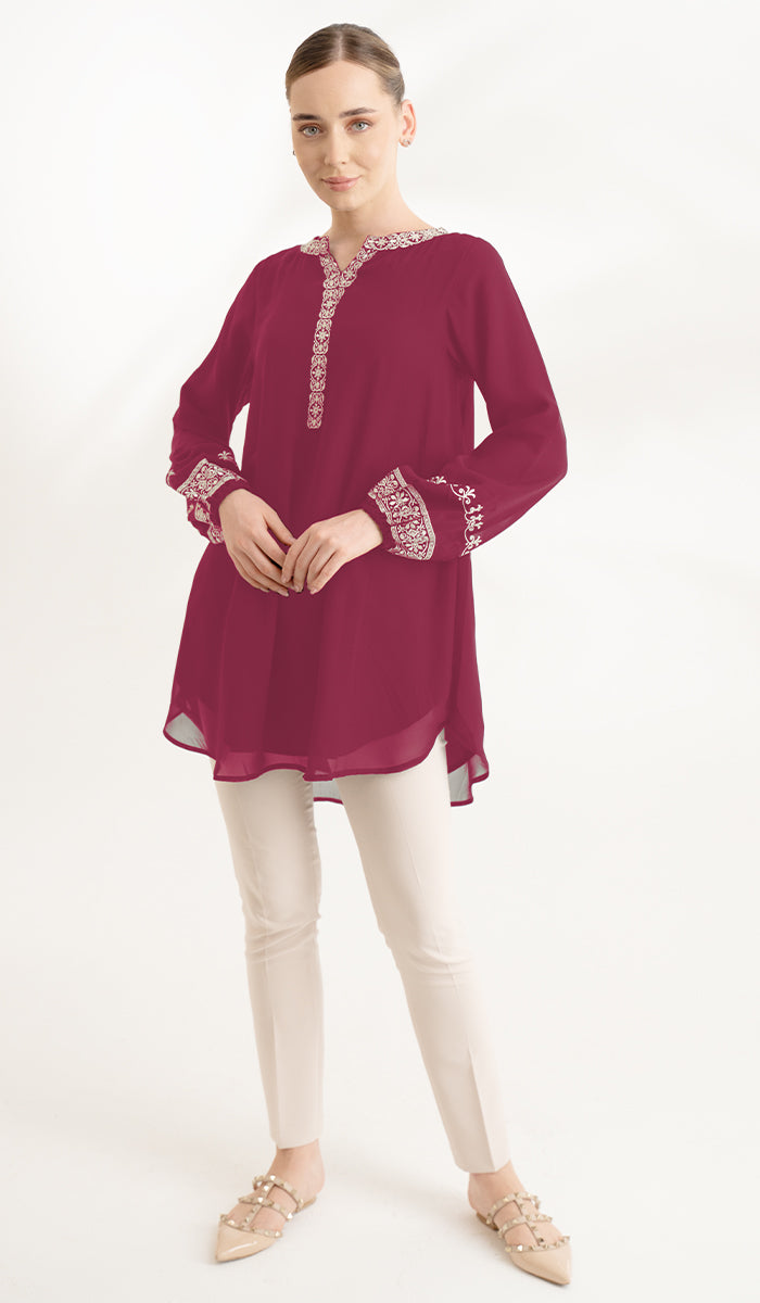 Amalie Embroidered Long Modest Tunic - Orchid