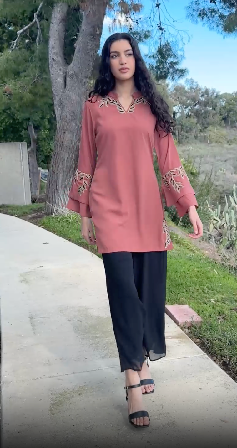 Arzoo Gold  Embellished Long Modest Tunic - Rose