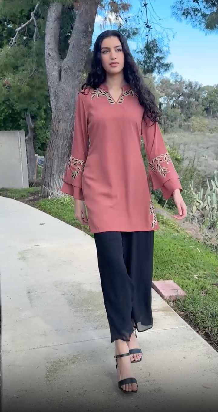 Arzoo Gold  Embellished Long Modest Tunic - Rose