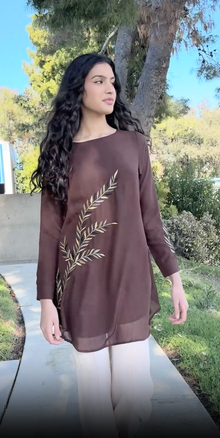 Baraka Gold Embroidered Formal Long Modest Tunic - Cocoa - PREORDER (ships in 2 weeks)