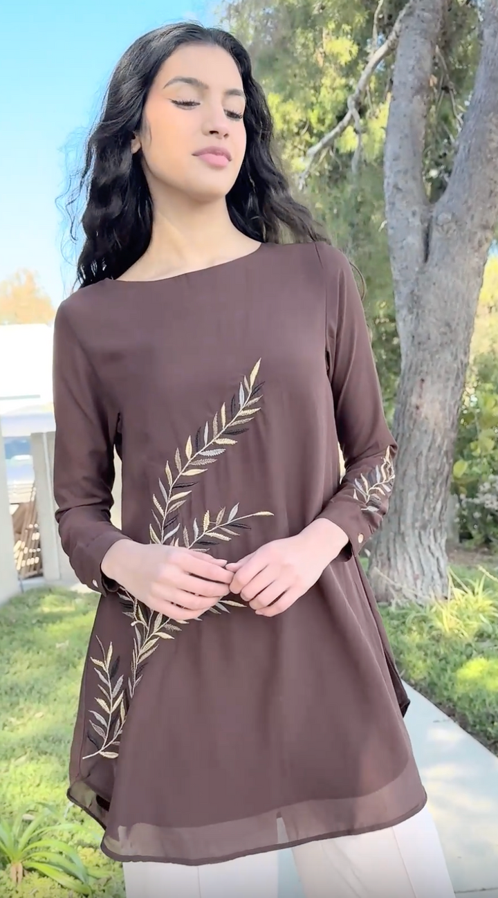 Baraka Gold Embroidered Formal Long Modest Tunic - Cocoa - PREORDER (ships in 2 weeks)