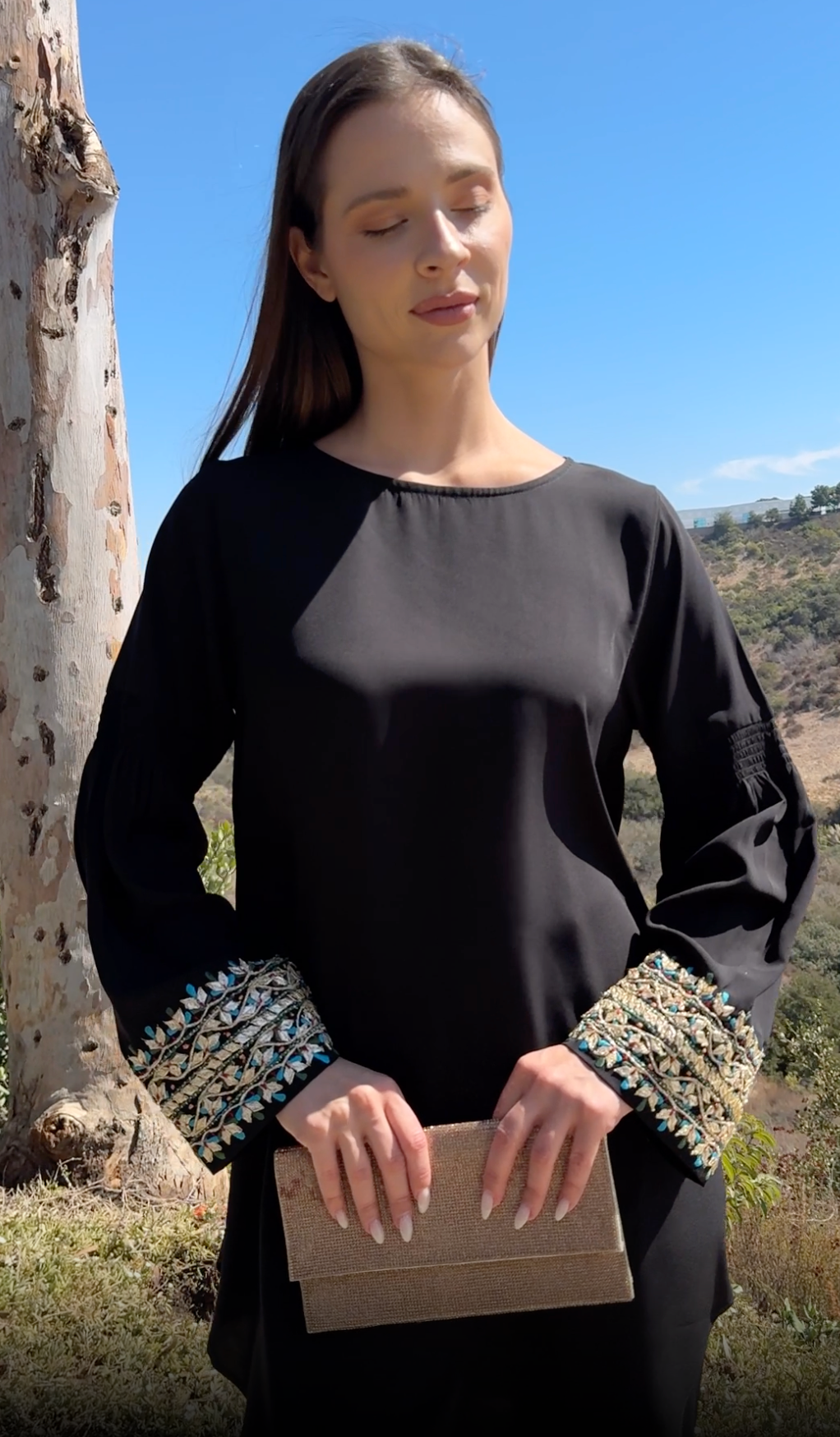 Esme Gold Embellished Formal Long Modest Tunic - Black - PREORDER (ships in 2 weeks)