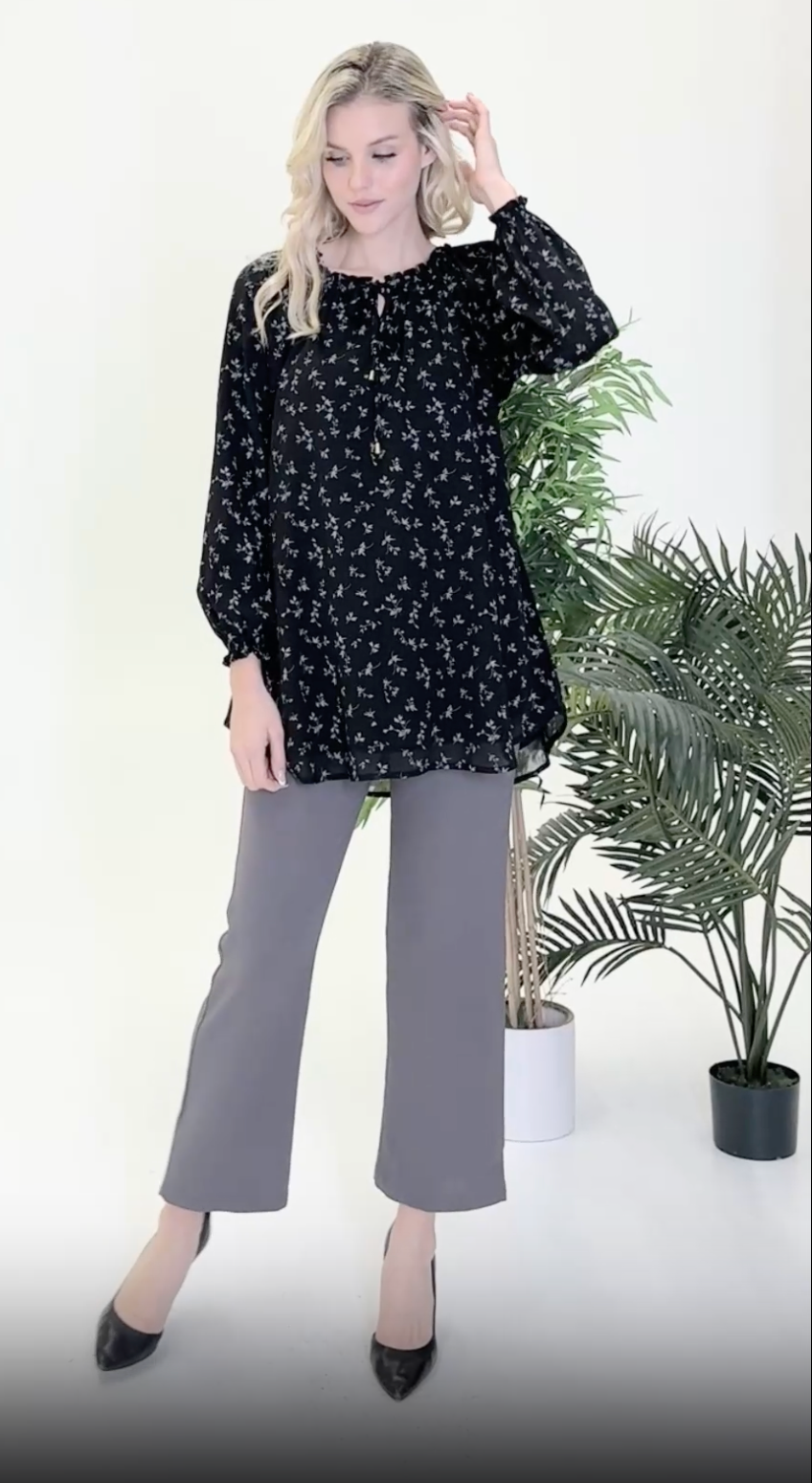 Farheen Essential Long Chiffon Print Modest Top - Black/Gray - Final Sale