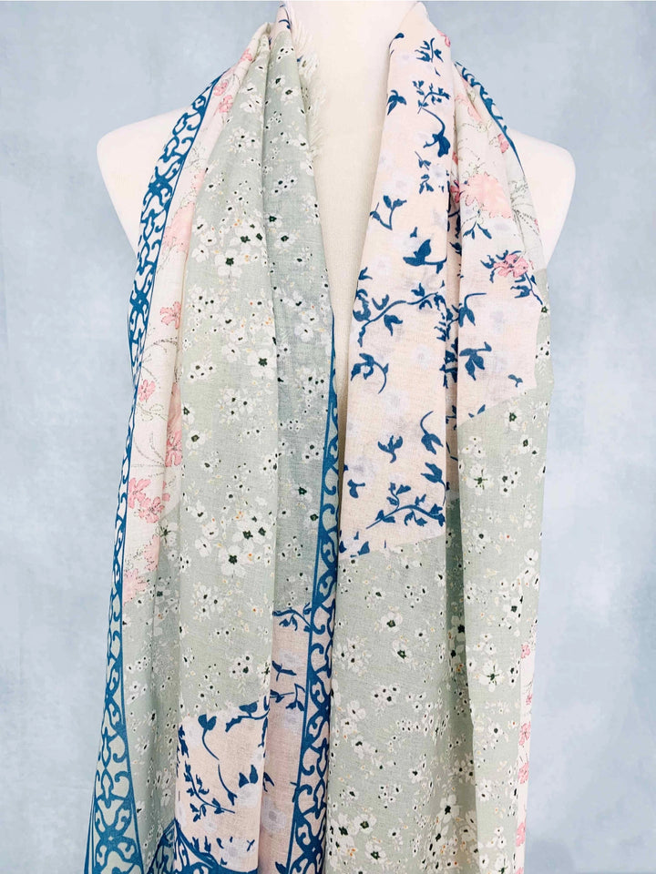 Floral Print Non-slip Cotton Wrap Hijab Scarf - Sage/Pink/Blue