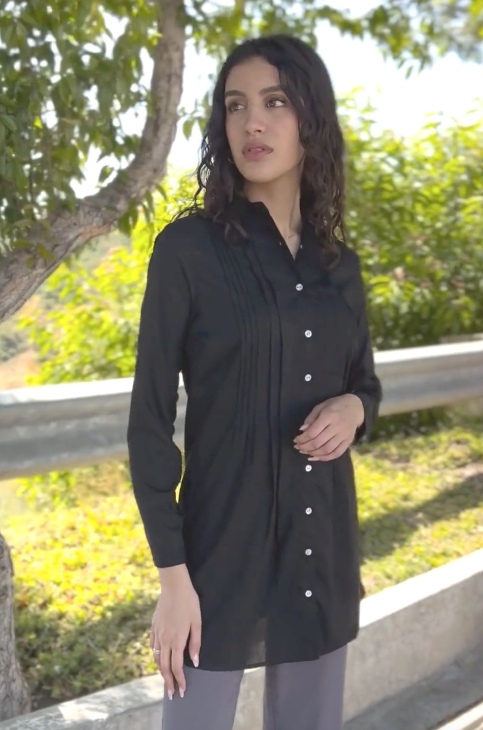 Hanane Pleated Mostly Cotton Button Down Tunic Dress - Black