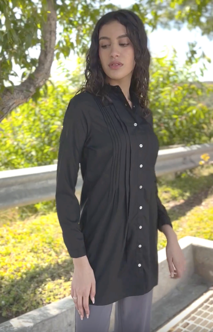 Hanane Pleated Mostly Cotton Button Down Tunic Dress - Black