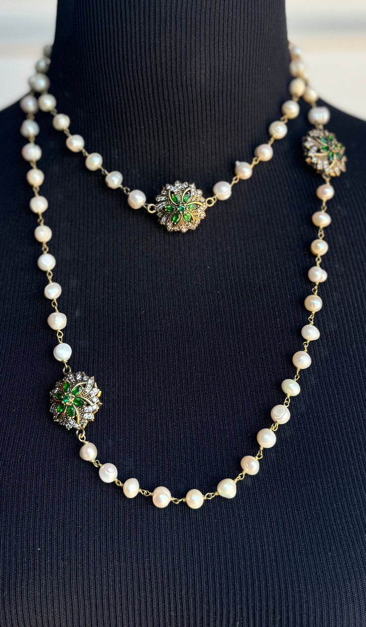 Long 2 way Pearl Strand Necklace - White/Green