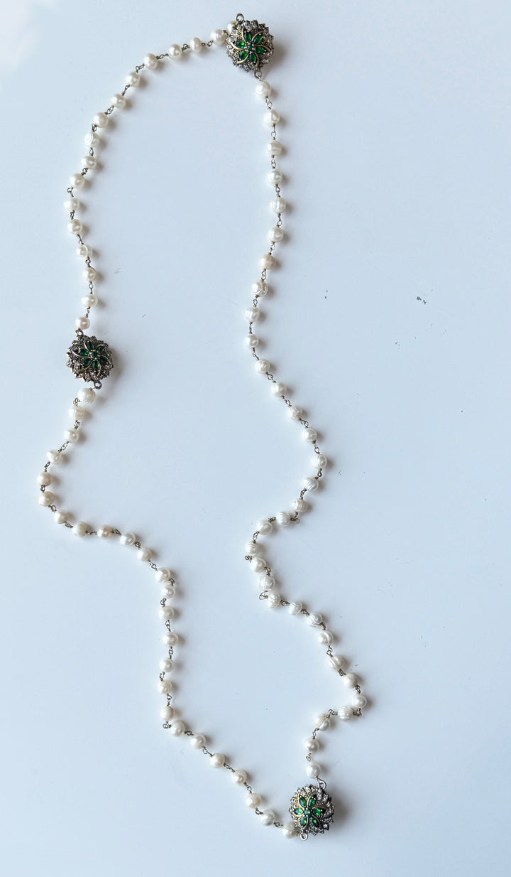 Long 2 way Pearl Strand Necklace - White/Green