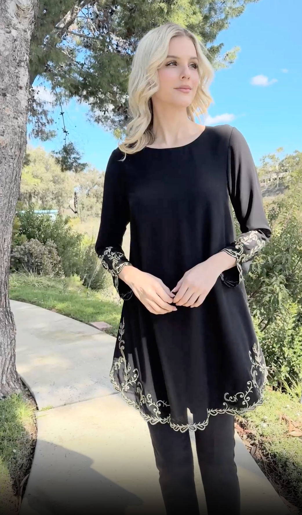 Meena Chiffon Formal Embroidered Long Modest Tunic - Black