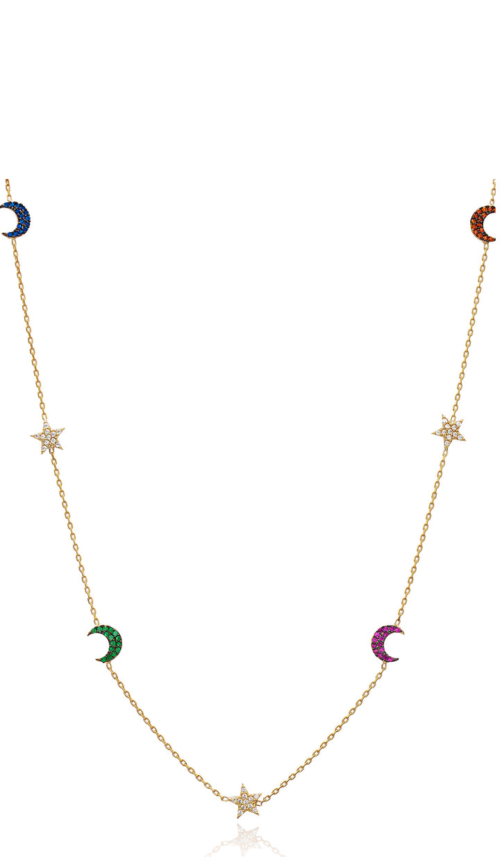 Mira Dainty Gold plated Sterling Silver Multicolor Crescent Moon and Star Necklace